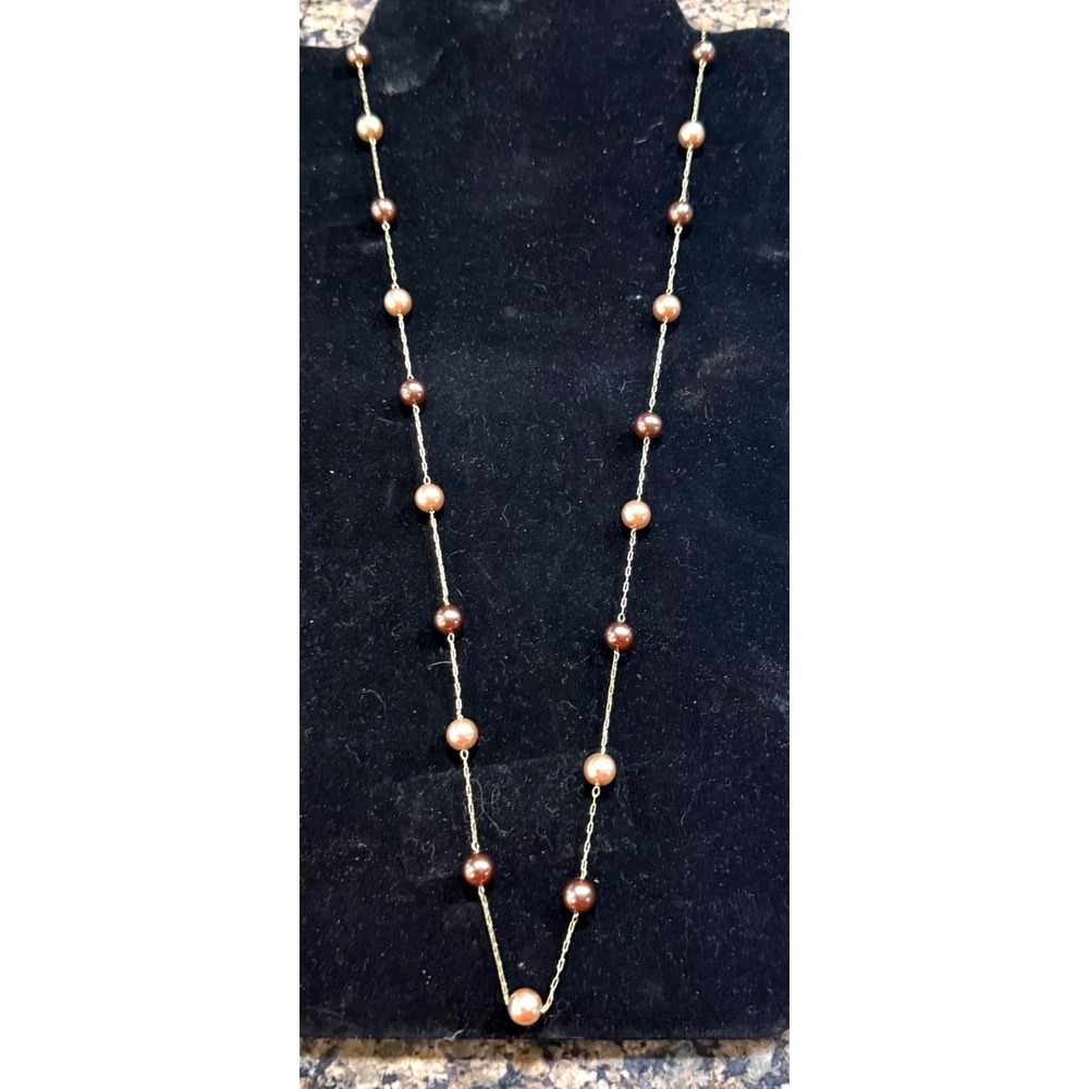 RMN Gold Tone Champagne and Brown Faux Pearl Station Necklace 28‎ Inch Long